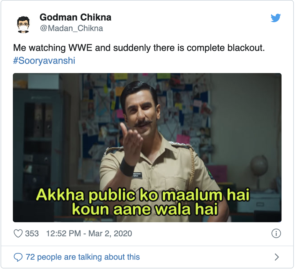 Tweet on Bollywood's Sooryavanshi