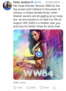 Twiiter Post by Patty Jenkins on New Release Date for Wonder Woman 1984